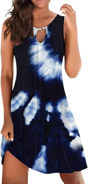 Women's 2024 Summer Dresses Sleeveless Floral Hollow Out V Neck Sundress Casual Slim Fit Beach Mini Tank Dress