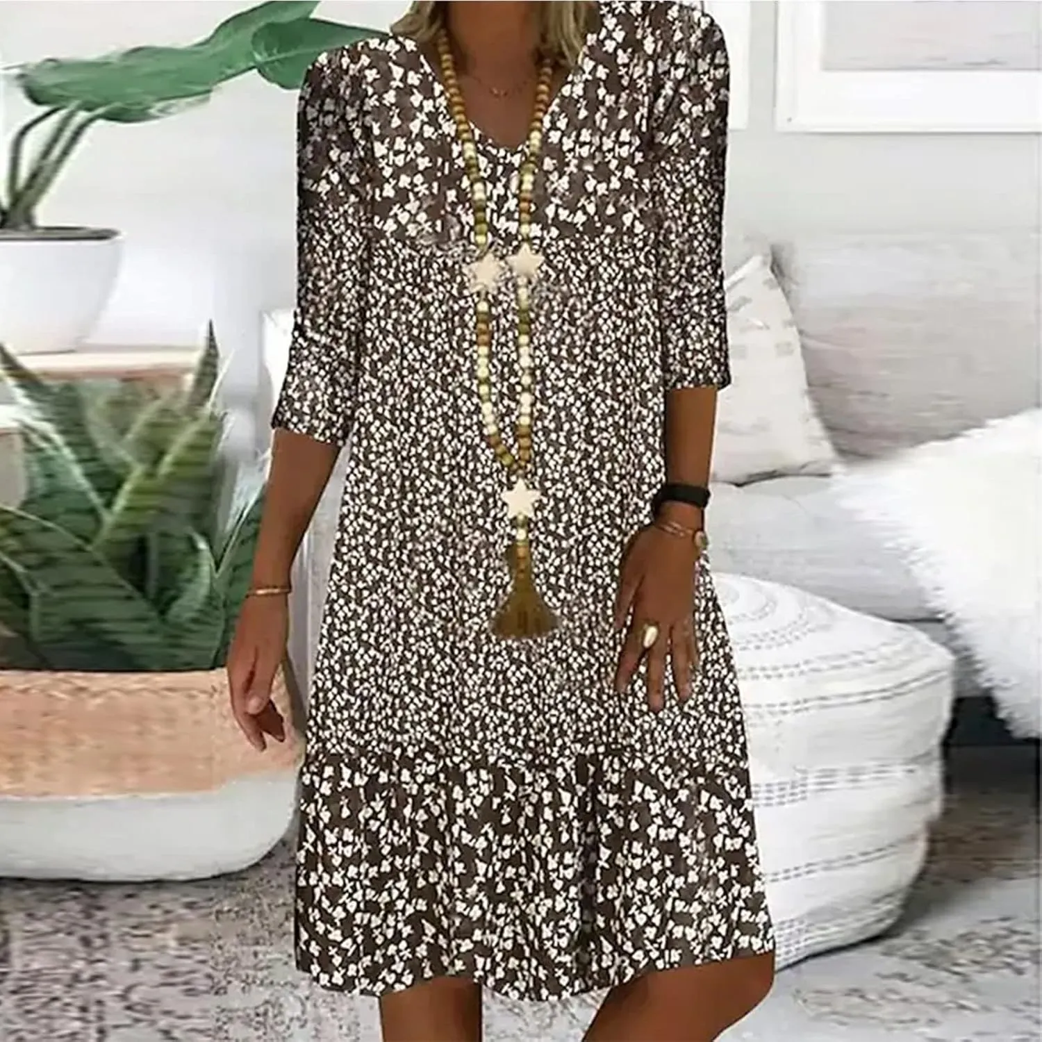 Womens Casual Dress Fashion Summer 3/4 Sleeve T-Shirt Dresses Plus Size V-Neck Loose Flowy Floral Beach Sundress