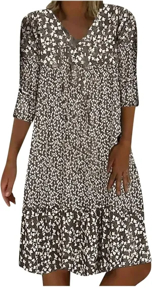 Womens Casual Dress Fashion Summer 3/4 Sleeve T-Shirt Dresses Plus Size V-Neck Loose Flowy Floral Beach Sundress