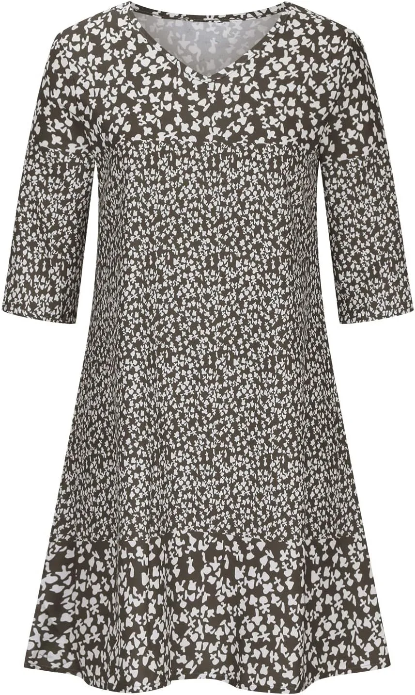 Womens Casual Dress Fashion Summer 3/4 Sleeve T-Shirt Dresses Plus Size V-Neck Loose Flowy Floral Beach Sundress