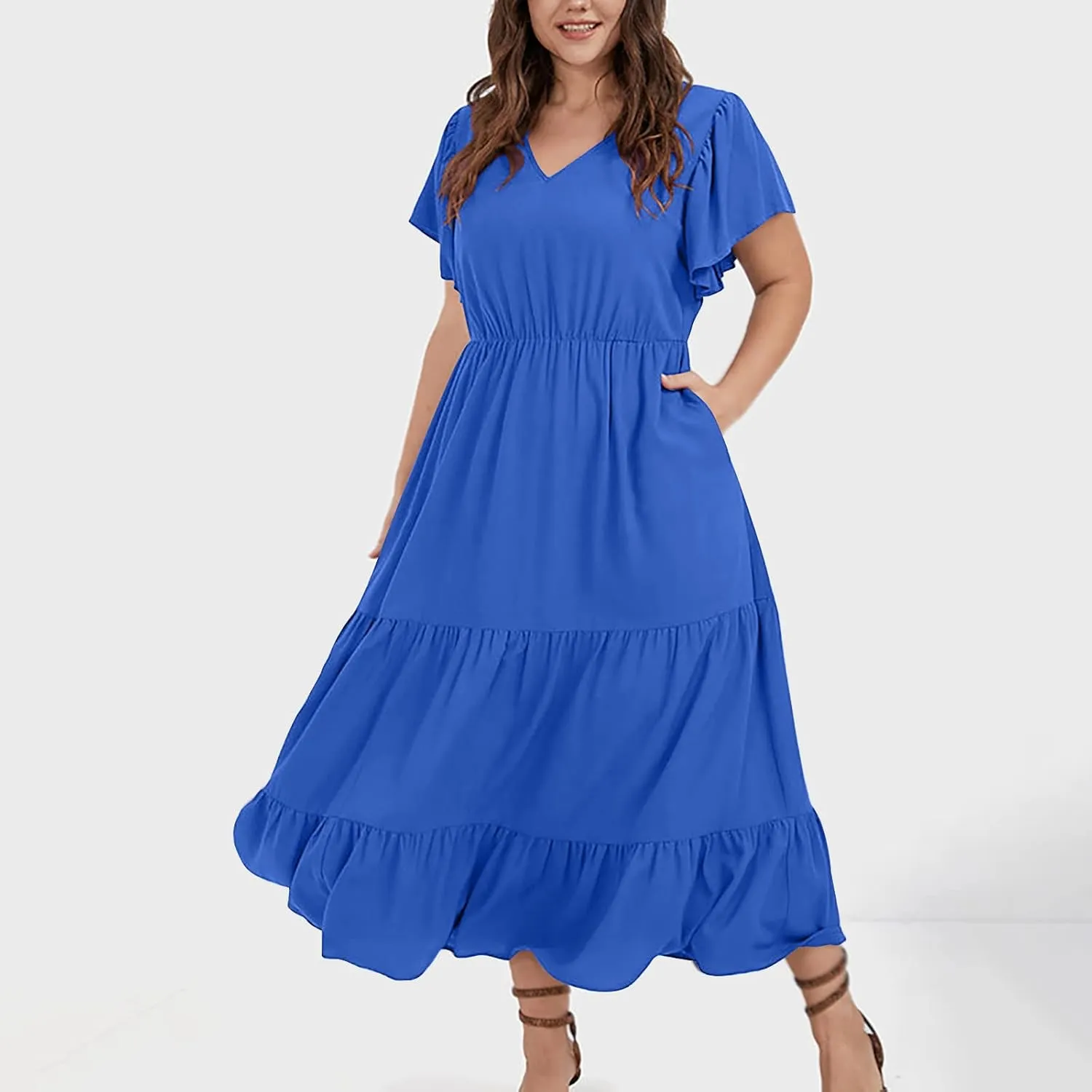 Women's Casual Summer Plus Size Dresses Ruffle Short Sleeve V Neck Swing Tiered Flowy Midi Dresses with Pockets