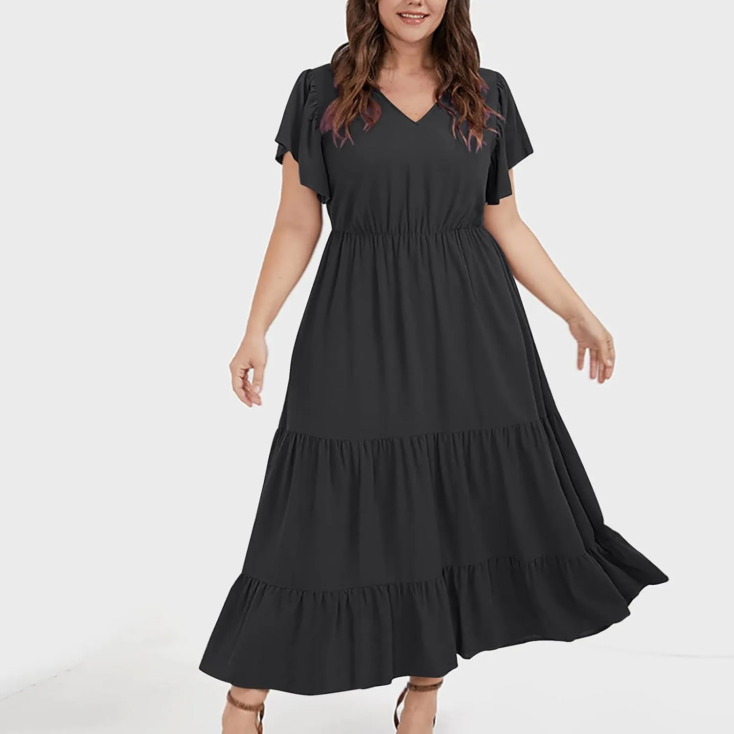 Women's Casual Summer Plus Size Dresses Ruffle Short Sleeve V Neck Swing Tiered Flowy Midi Dresses with Pockets