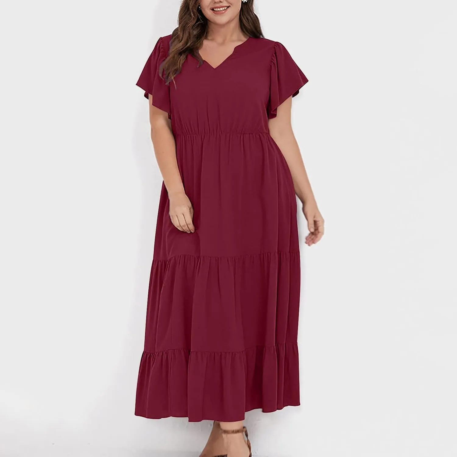 Women's Casual Summer Plus Size Dresses Ruffle Short Sleeve V Neck Swing Tiered Flowy Midi Dresses with Pockets