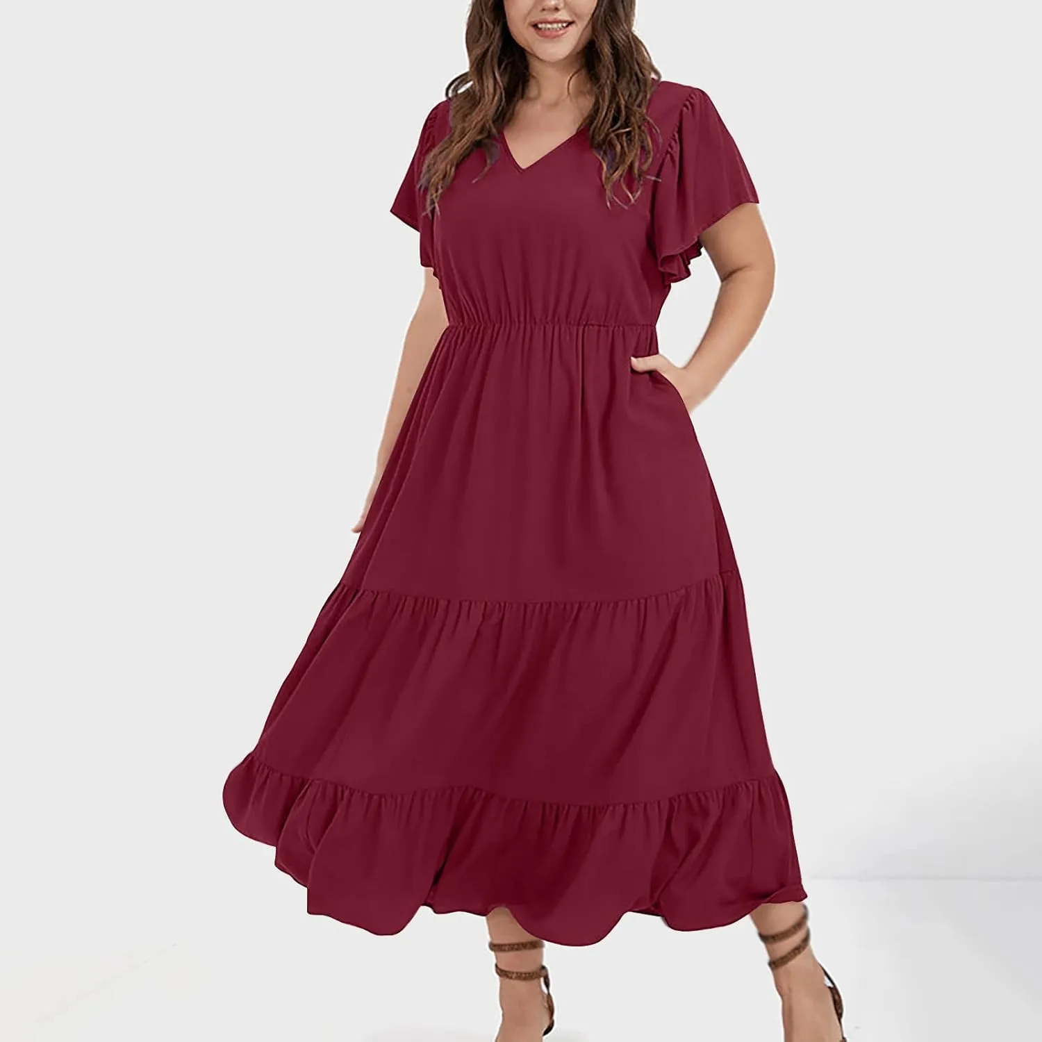 Women's Casual Summer Plus Size Dresses Ruffle Short Sleeve V Neck Swing Tiered Flowy Midi Dresses with Pockets