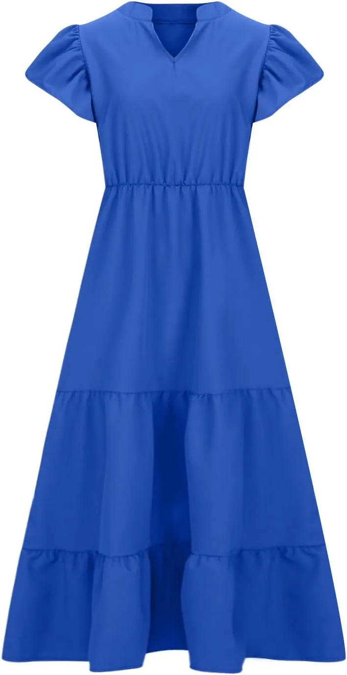 Women's Casual Summer Plus Size Dresses Ruffle Short Sleeve V Neck Swing Tiered Flowy Midi Dresses with Pockets