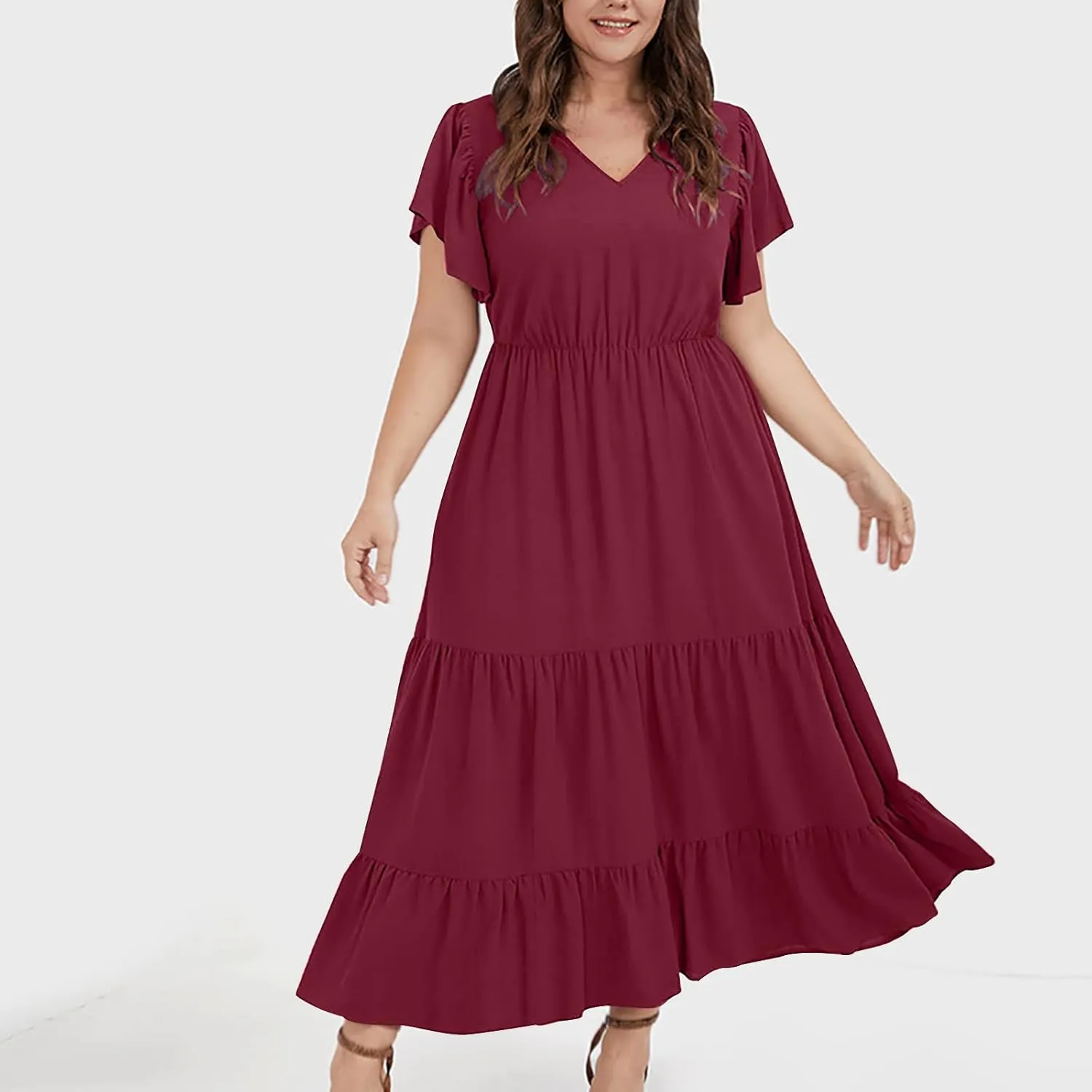 Women's Casual Summer Plus Size Dresses Ruffle Short Sleeve V Neck Swing Tiered Flowy Midi Dresses with Pockets