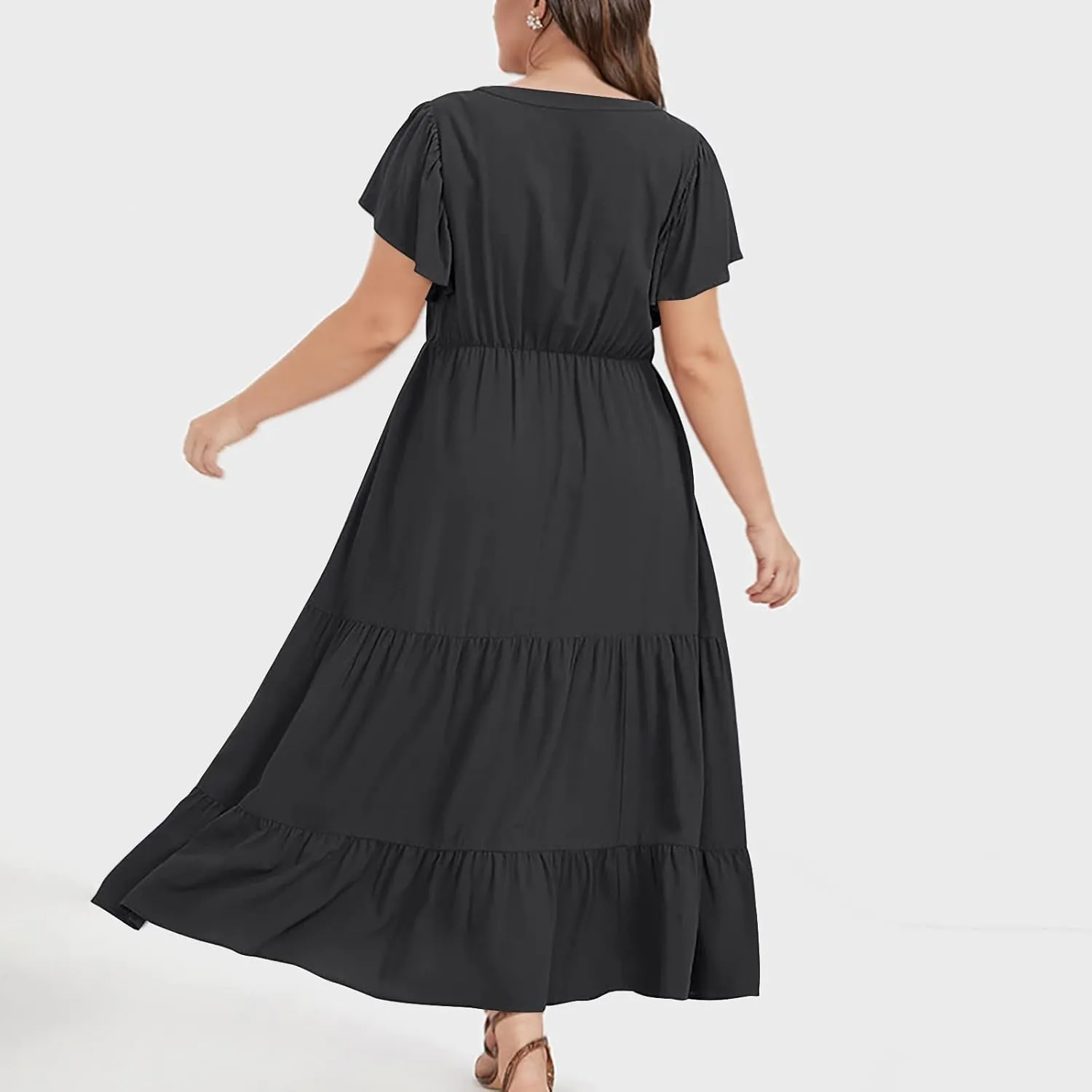 Women's Casual Summer Plus Size Dresses Ruffle Short Sleeve V Neck Swing Tiered Flowy Midi Dresses with Pockets