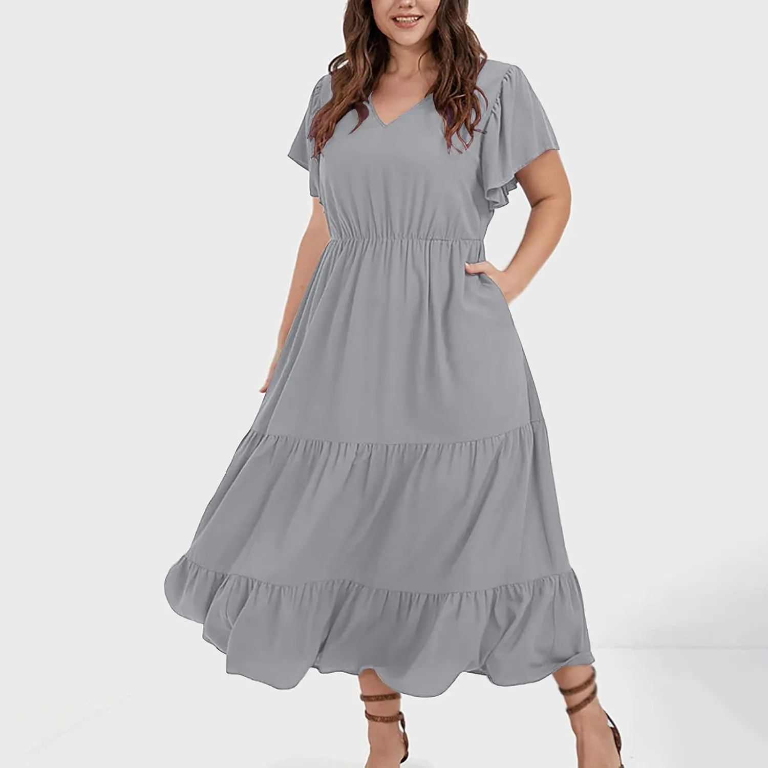 Women's Casual Summer Plus Size Dresses Ruffle Short Sleeve V Neck Swing Tiered Flowy Midi Dresses with Pockets