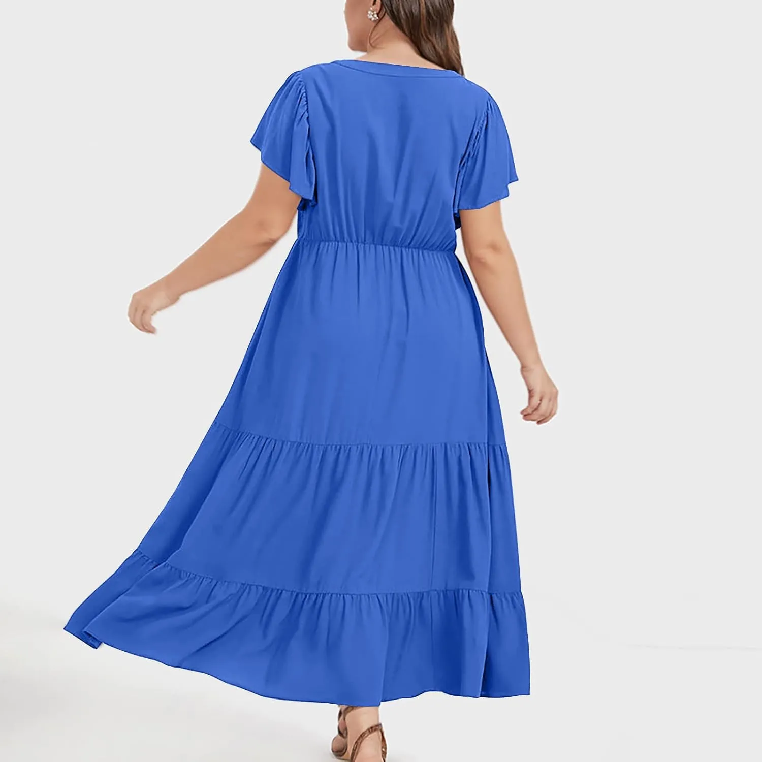Women's Casual Summer Plus Size Dresses Ruffle Short Sleeve V Neck Swing Tiered Flowy Midi Dresses with Pockets