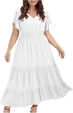 Women's Casual Summer Plus Size Dresses Ruffle Short Sleeve V Neck Swing Tiered Flowy Midi Dresses with Pockets