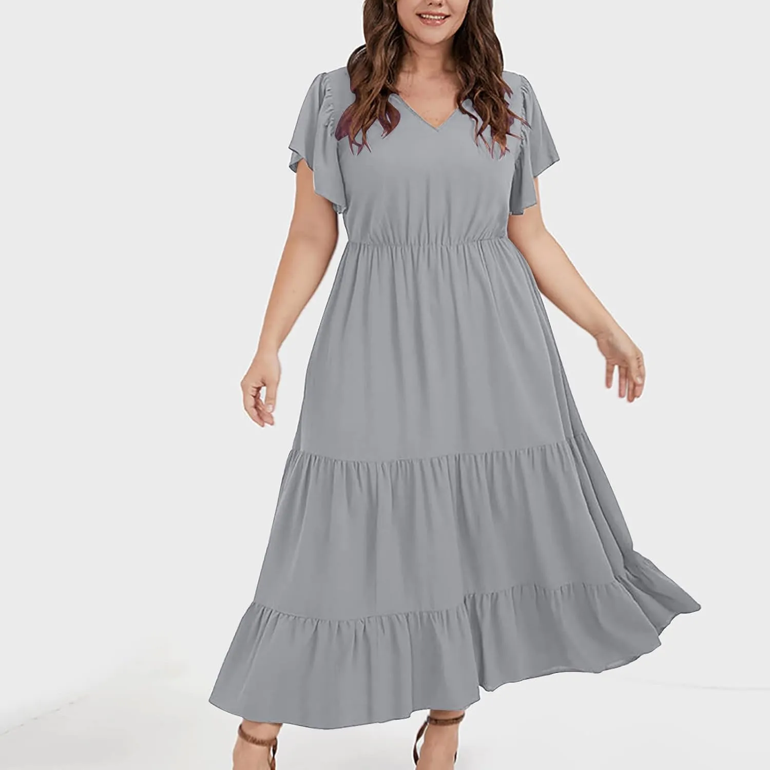 Women's Casual Summer Plus Size Dresses Ruffle Short Sleeve V Neck Swing Tiered Flowy Midi Dresses with Pockets