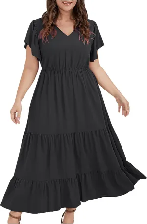 Women's Casual Summer Plus Size Dresses Ruffle Short Sleeve V Neck Swing Tiered Flowy Midi Dresses with Pockets