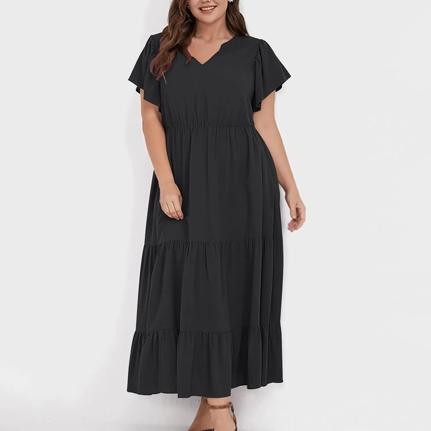 Women's Casual Summer Plus Size Dresses Ruffle Short Sleeve V Neck Swing Tiered Flowy Midi Dresses with Pockets