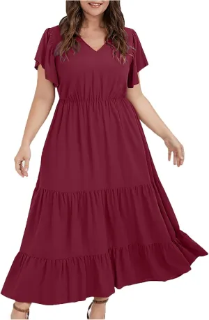 Women's Casual Summer Plus Size Dresses Ruffle Short Sleeve V Neck Swing Tiered Flowy Midi Dresses with Pockets