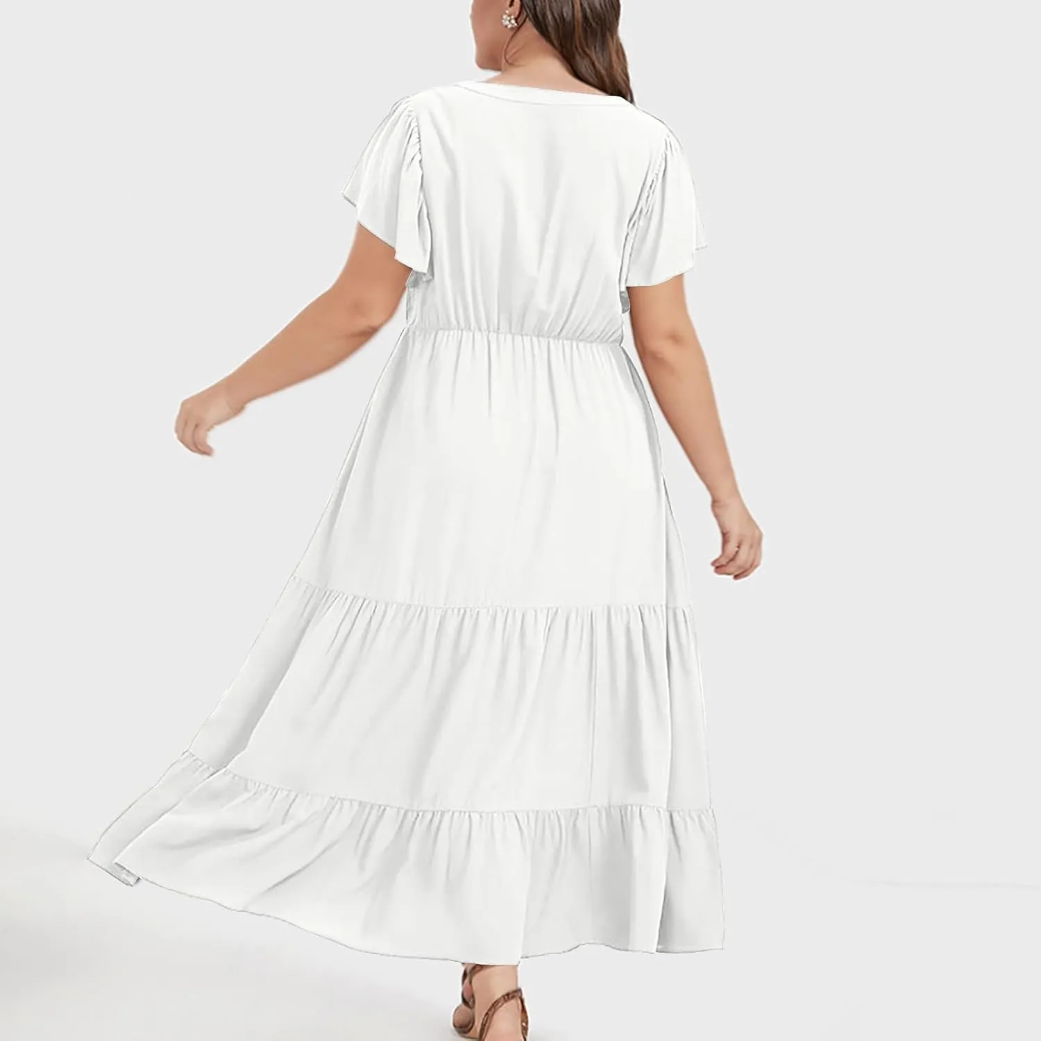 Women's Casual Summer Plus Size Dresses Ruffle Short Sleeve V Neck Swing Tiered Flowy Midi Dresses with Pockets