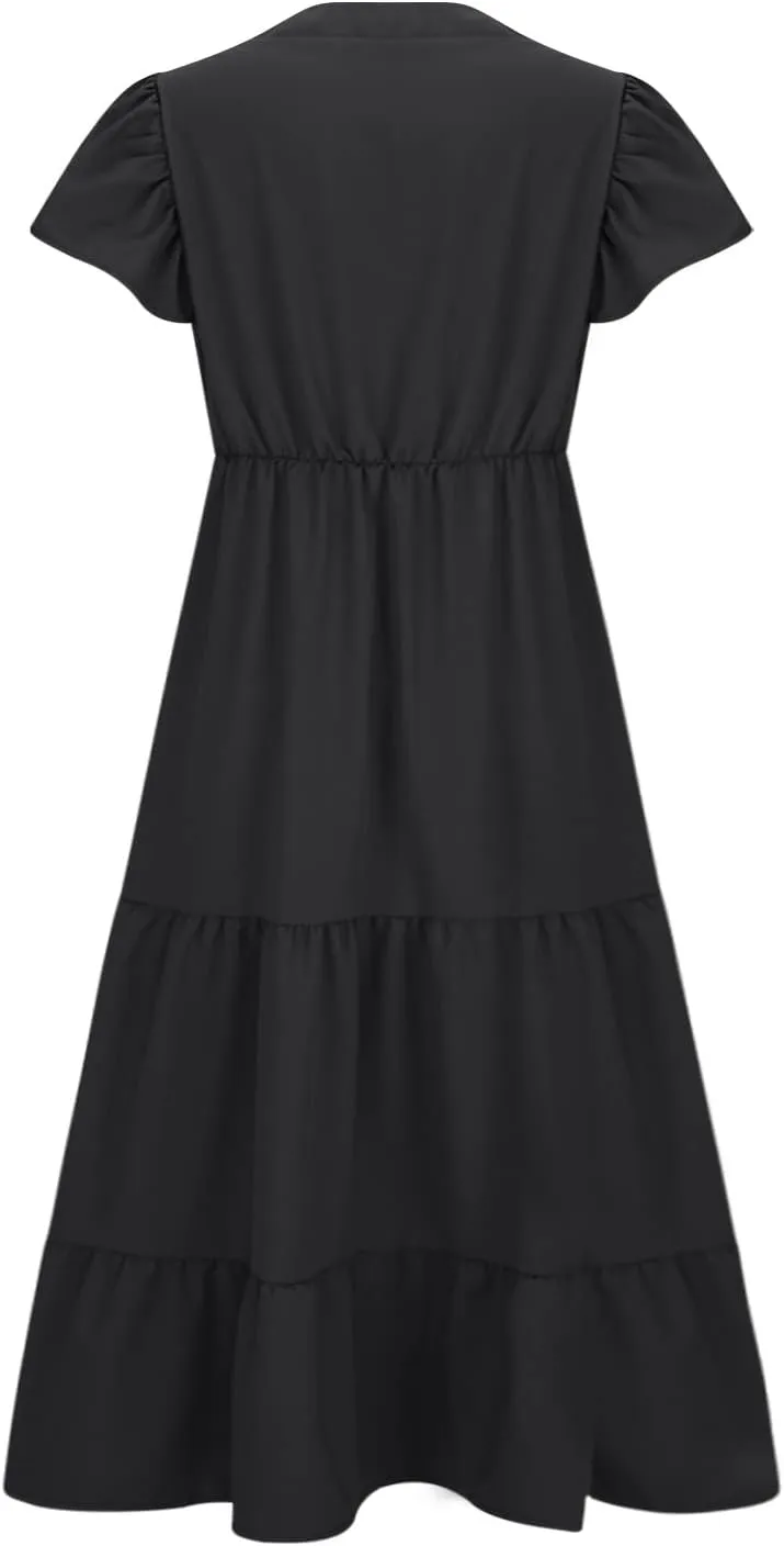 Women's Casual Summer Plus Size Dresses Ruffle Short Sleeve V Neck Swing Tiered Flowy Midi Dresses with Pockets