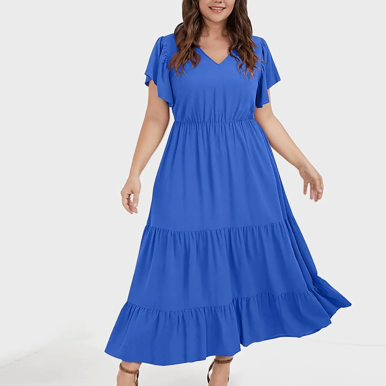 Women's Casual Summer Plus Size Dresses Ruffle Short Sleeve V Neck Swing Tiered Flowy Midi Dresses with Pockets