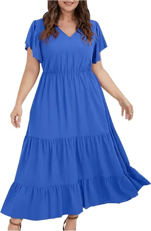 Women's Casual Summer Plus Size Dresses Ruffle Short Sleeve V Neck Swing Tiered Flowy Midi Dresses with Pockets