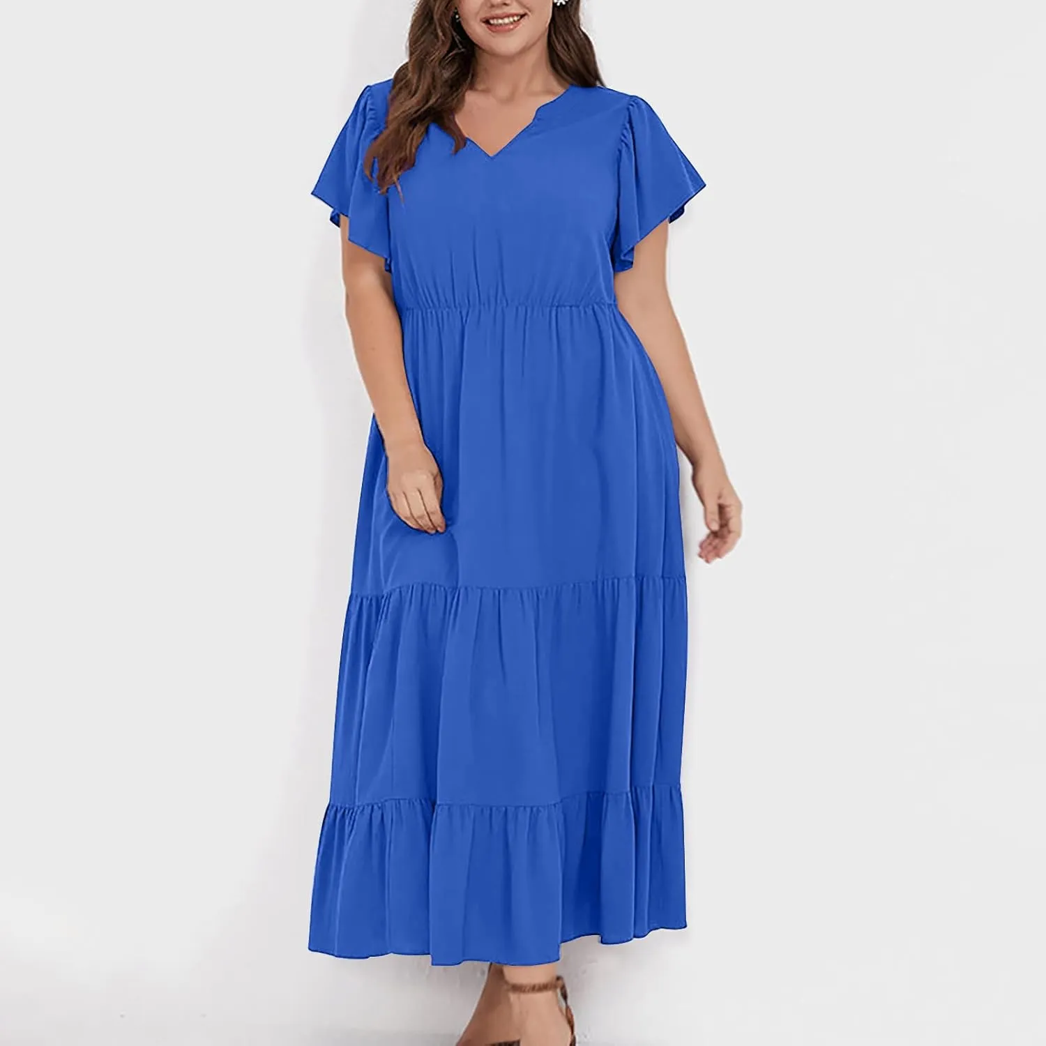 Women's Casual Summer Plus Size Dresses Ruffle Short Sleeve V Neck Swing Tiered Flowy Midi Dresses with Pockets