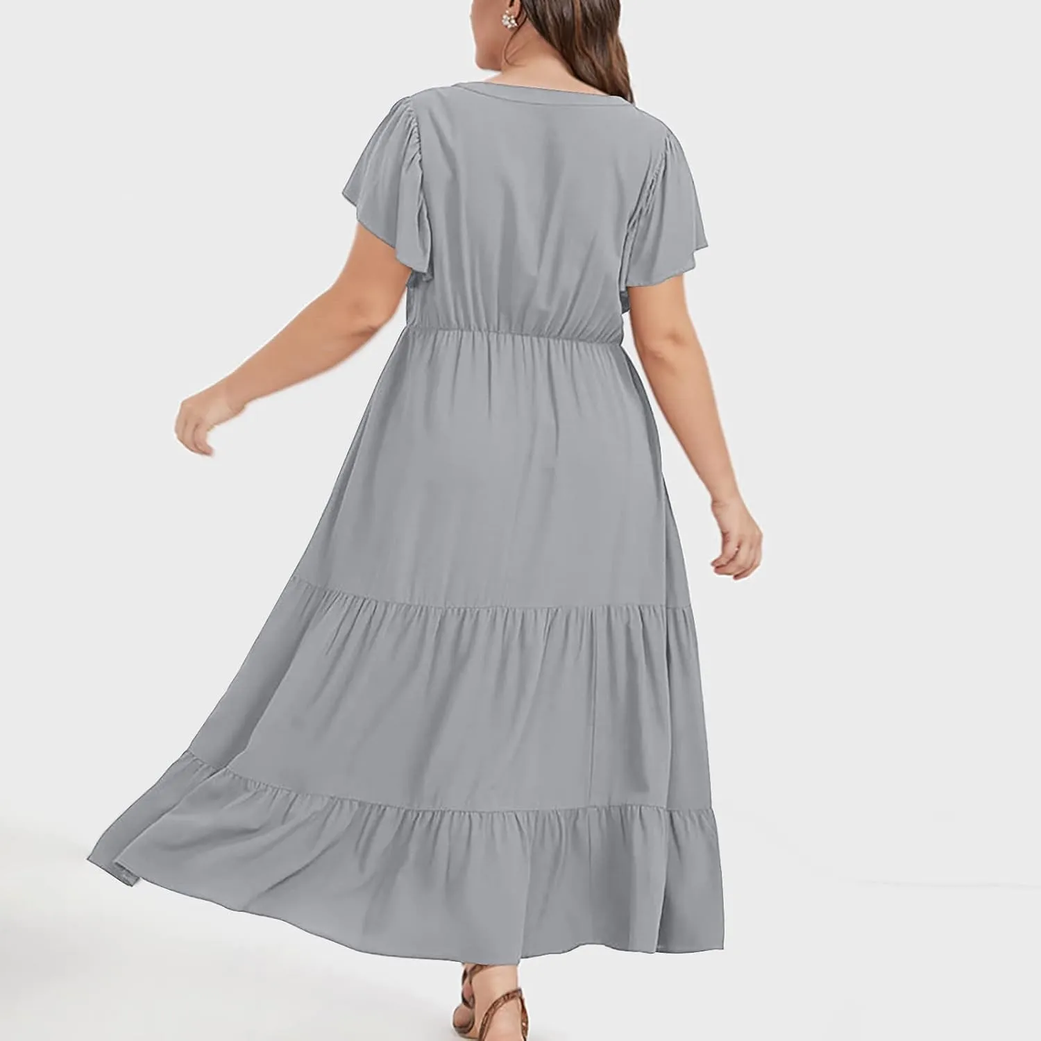 Women's Casual Summer Plus Size Dresses Ruffle Short Sleeve V Neck Swing Tiered Flowy Midi Dresses with Pockets