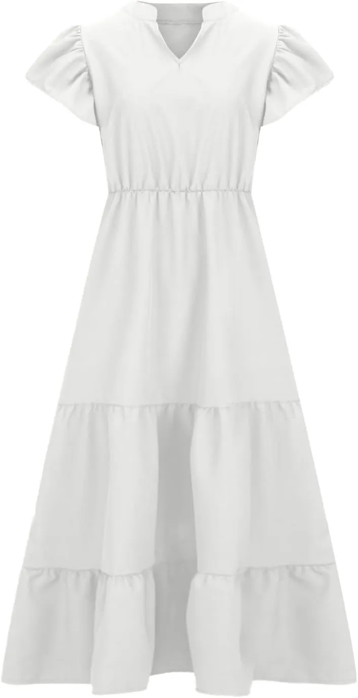 Women's Casual Summer Plus Size Dresses Ruffle Short Sleeve V Neck Swing Tiered Flowy Midi Dresses with Pockets