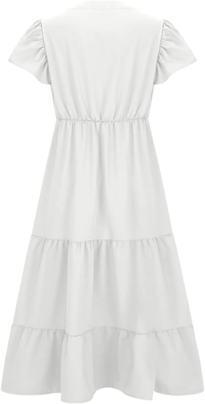 Women's Casual Summer Plus Size Dresses Ruffle Short Sleeve V Neck Swing Tiered Flowy Midi Dresses with Pockets