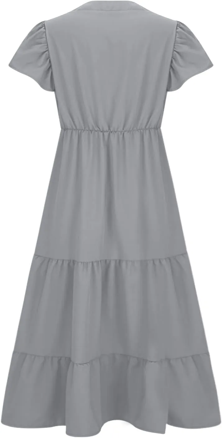 Women's Casual Summer Plus Size Dresses Ruffle Short Sleeve V Neck Swing Tiered Flowy Midi Dresses with Pockets