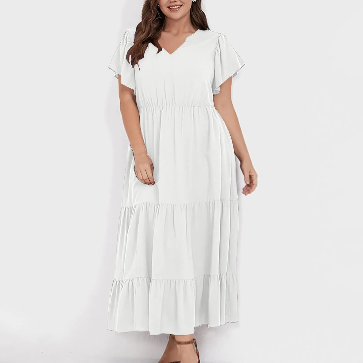 Women's Casual Summer Plus Size Dresses Ruffle Short Sleeve V Neck Swing Tiered Flowy Midi Dresses with Pockets