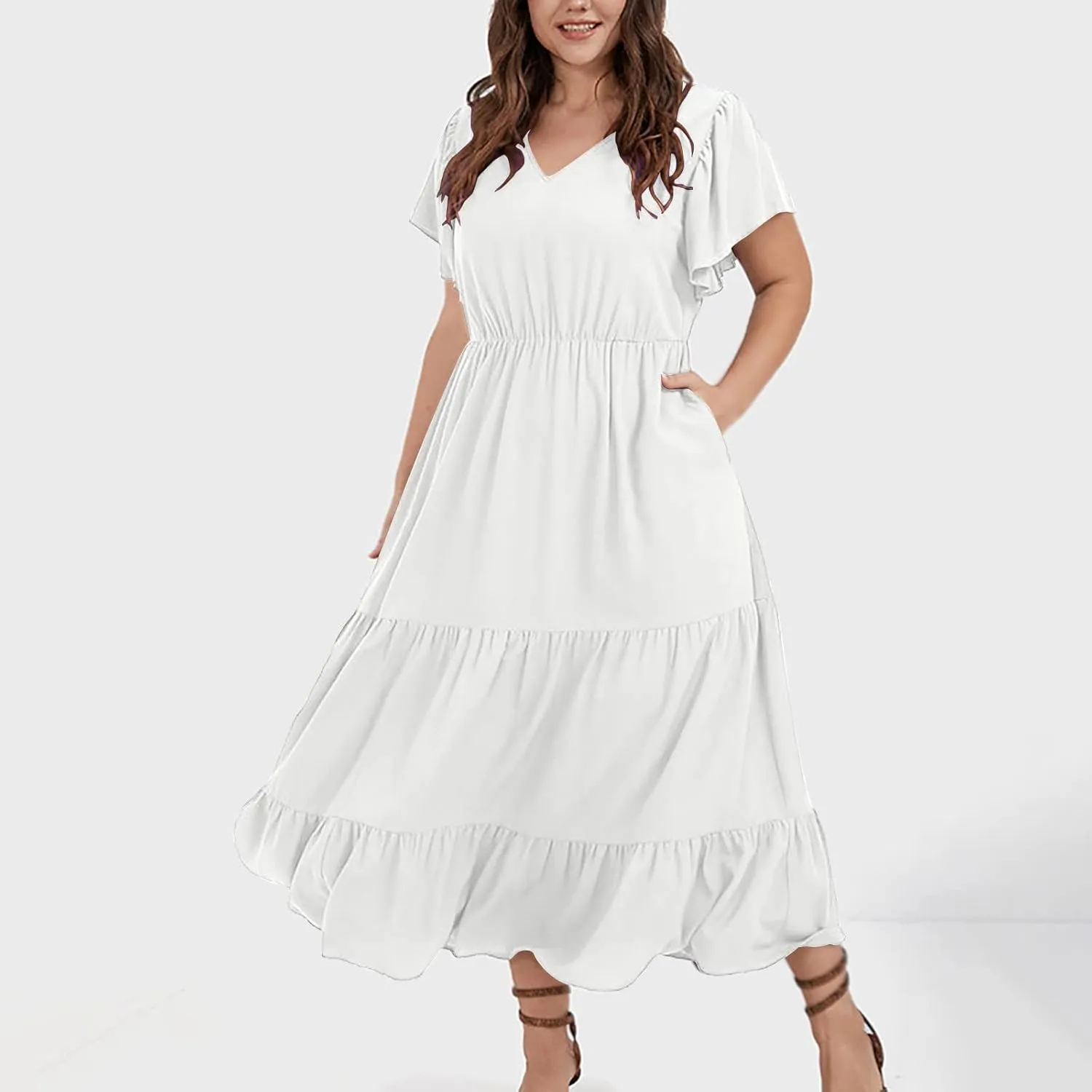 Women's Casual Summer Plus Size Dresses Ruffle Short Sleeve V Neck Swing Tiered Flowy Midi Dresses with Pockets
