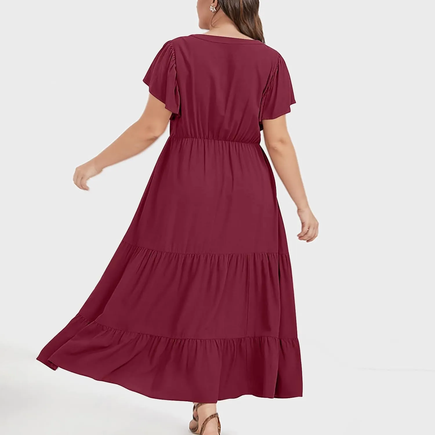 Women's Casual Summer Plus Size Dresses Ruffle Short Sleeve V Neck Swing Tiered Flowy Midi Dresses with Pockets