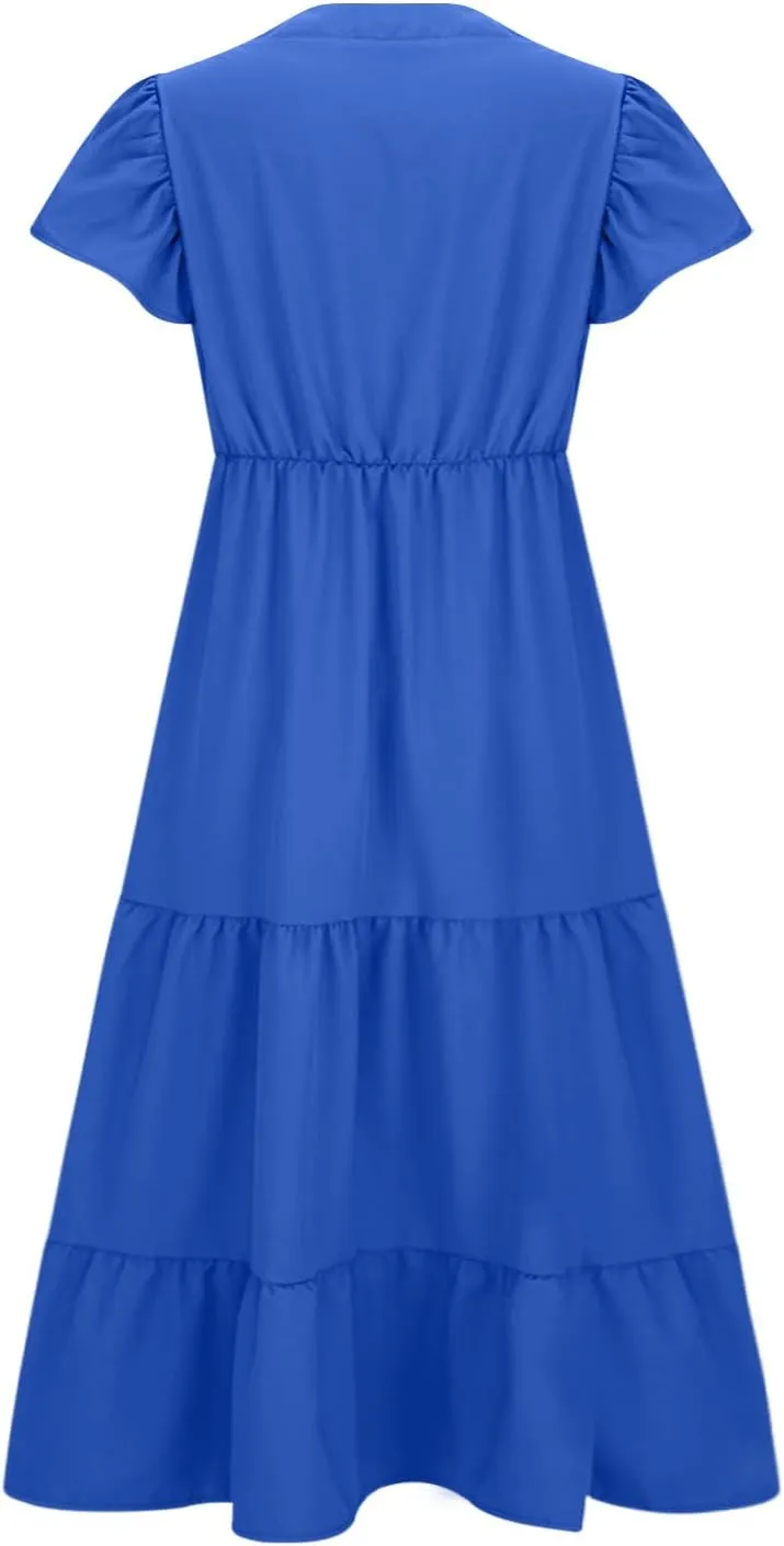 Women's Casual Summer Plus Size Dresses Ruffle Short Sleeve V Neck Swing Tiered Flowy Midi Dresses with Pockets