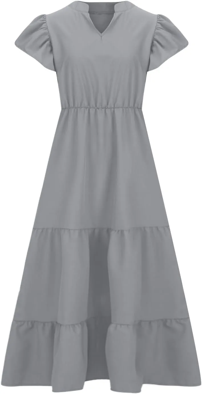 Women's Casual Summer Plus Size Dresses Ruffle Short Sleeve V Neck Swing Tiered Flowy Midi Dresses with Pockets