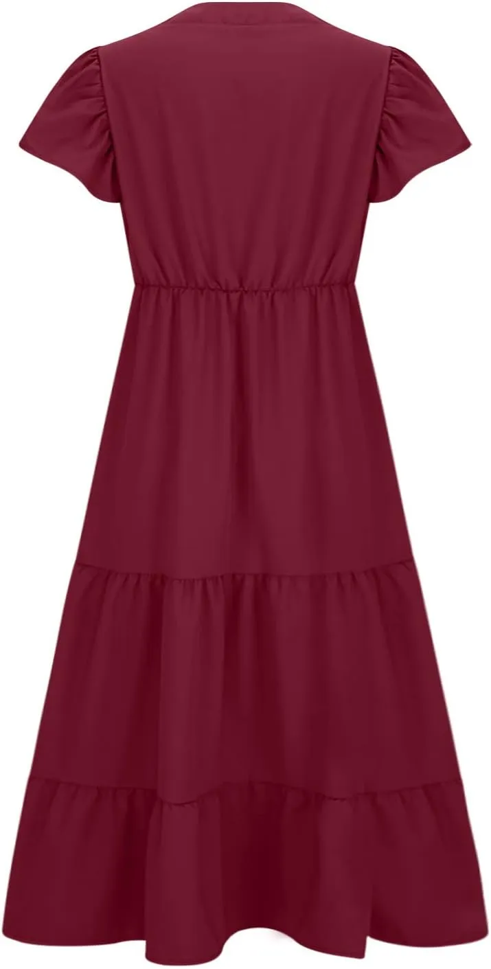 Women's Casual Summer Plus Size Dresses Ruffle Short Sleeve V Neck Swing Tiered Flowy Midi Dresses with Pockets