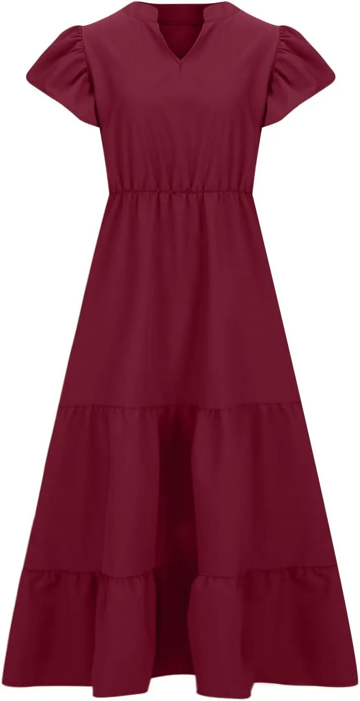 Women's Casual Summer Plus Size Dresses Ruffle Short Sleeve V Neck Swing Tiered Flowy Midi Dresses with Pockets