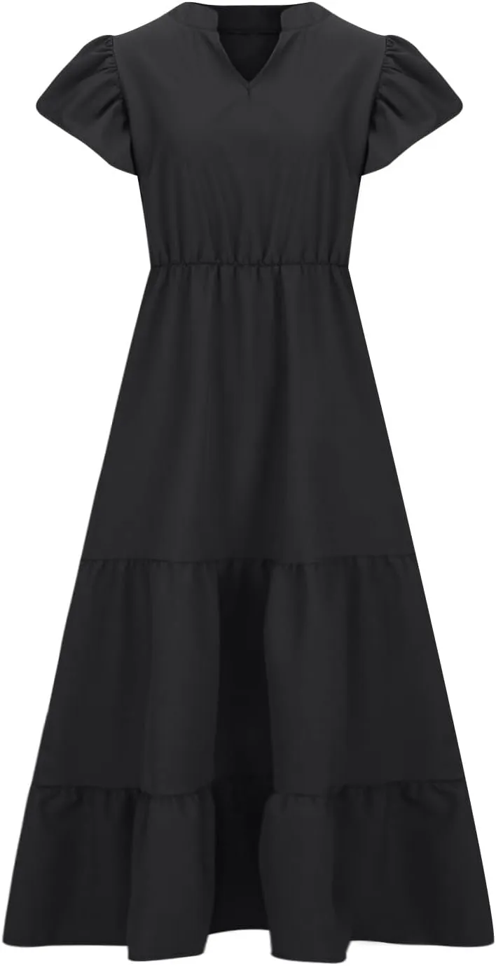 Women's Casual Summer Plus Size Dresses Ruffle Short Sleeve V Neck Swing Tiered Flowy Midi Dresses with Pockets
