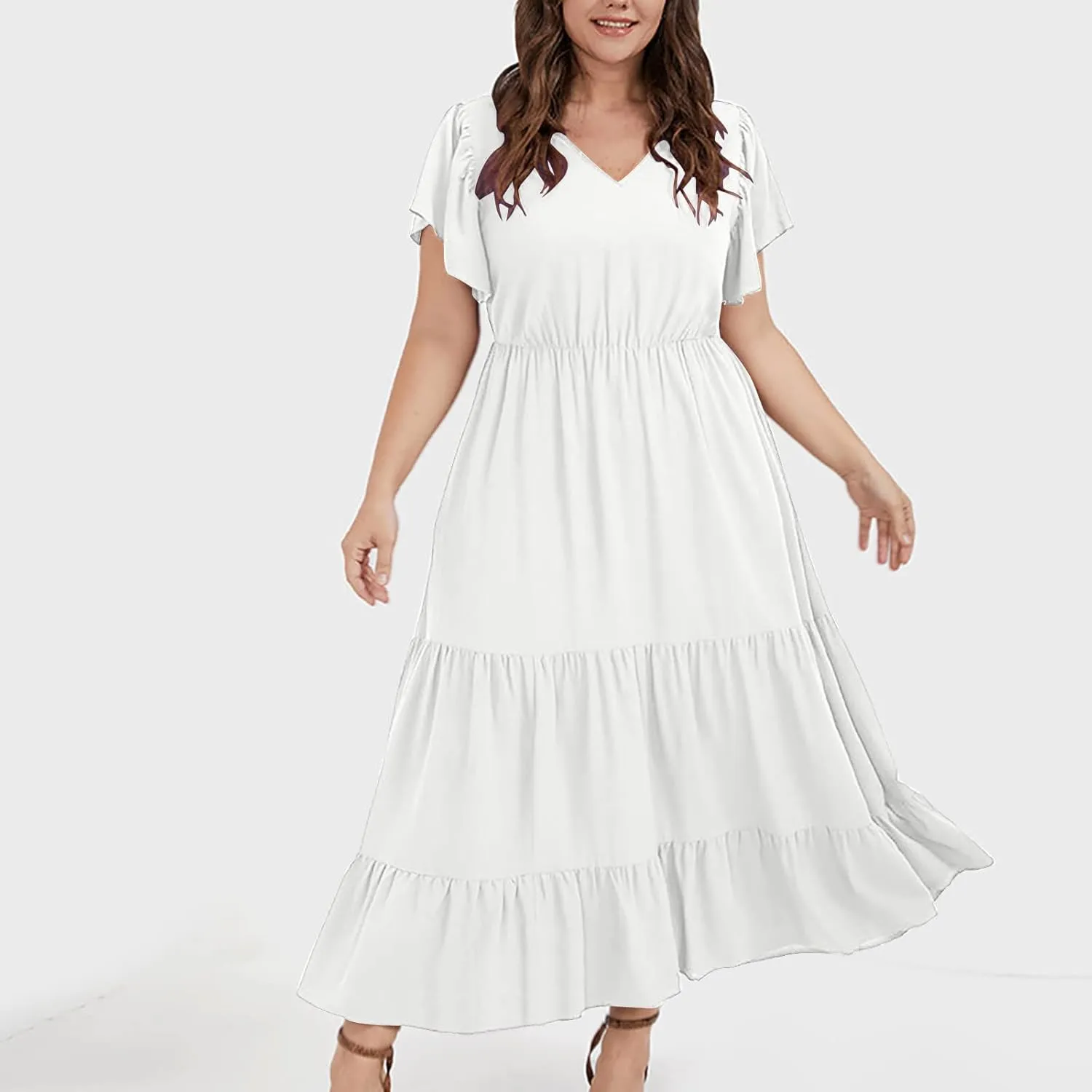 Women's Casual Summer Plus Size Dresses Ruffle Short Sleeve V Neck Swing Tiered Flowy Midi Dresses with Pockets
