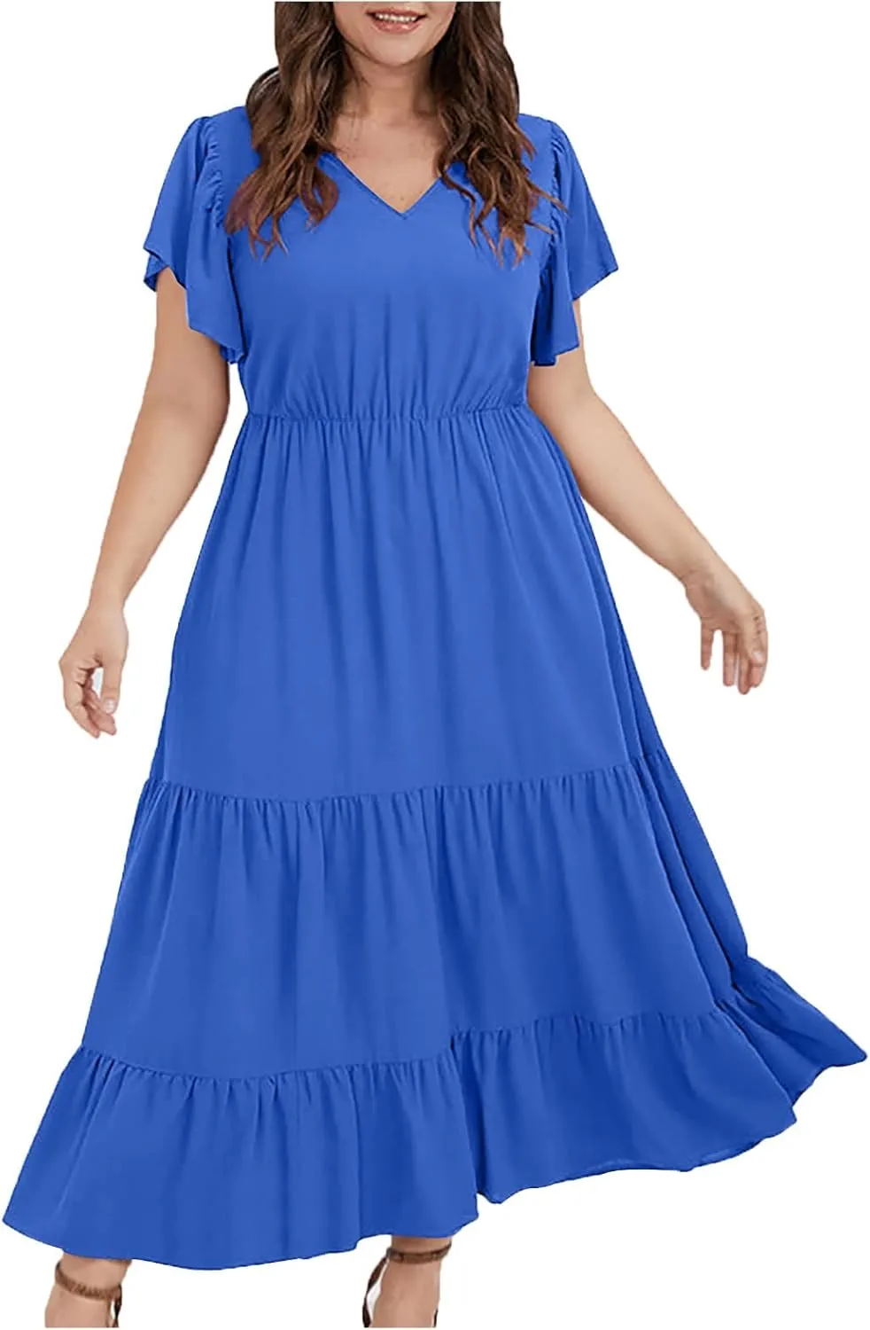 Women's Casual Summer Plus Size Dresses Ruffle Short Sleeve V Neck Swing Tiered Flowy Midi Dresses with Pockets