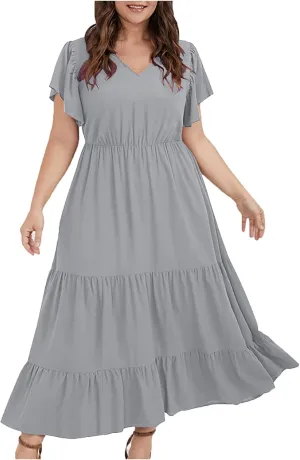 Women's Casual Summer Plus Size Dresses Ruffle Short Sleeve V Neck Swing Tiered Flowy Midi Dresses with Pockets