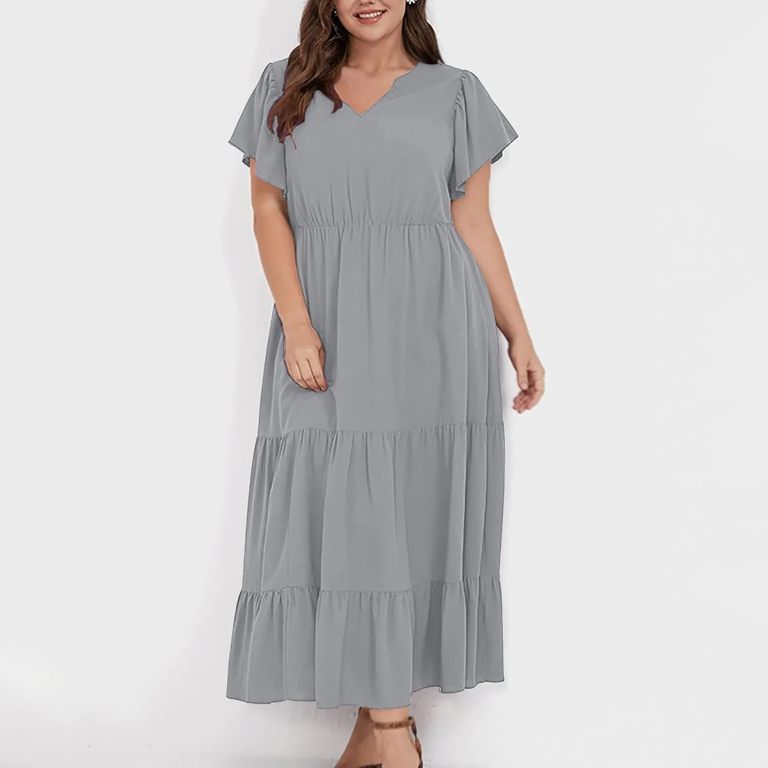 Women's Casual Summer Plus Size Dresses Ruffle Short Sleeve V Neck Swing Tiered Flowy Midi Dresses with Pockets