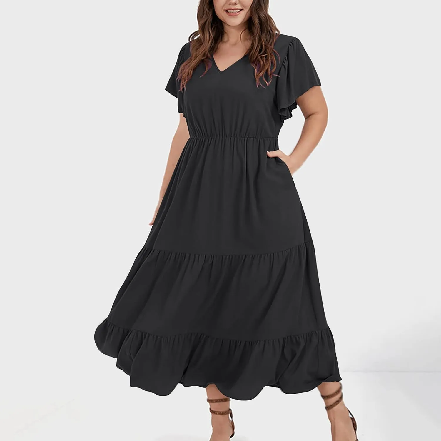 Women's Casual Summer Plus Size Dresses Ruffle Short Sleeve V Neck Swing Tiered Flowy Midi Dresses with Pockets
