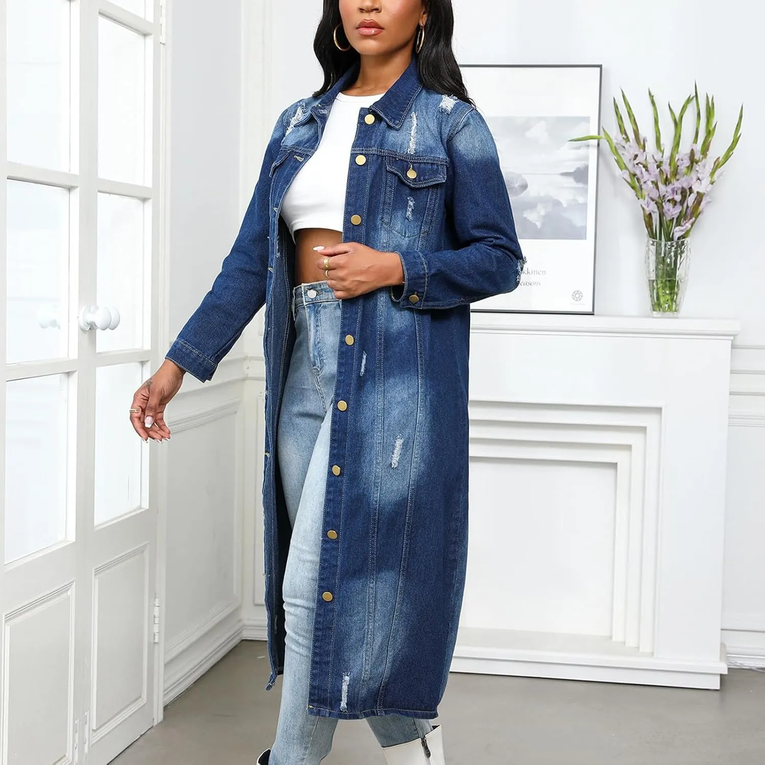 Women's Denim Trench Coat 2024 Fall Winter Fashion Long Casual Maxi Oversized Button Down Jean Jacket Trenchcoat