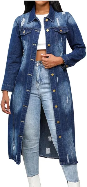 Women's Denim Trench Coat 2024 Fall Winter Fashion Long Casual Maxi Oversized Button Down Jean Jacket Trenchcoat
