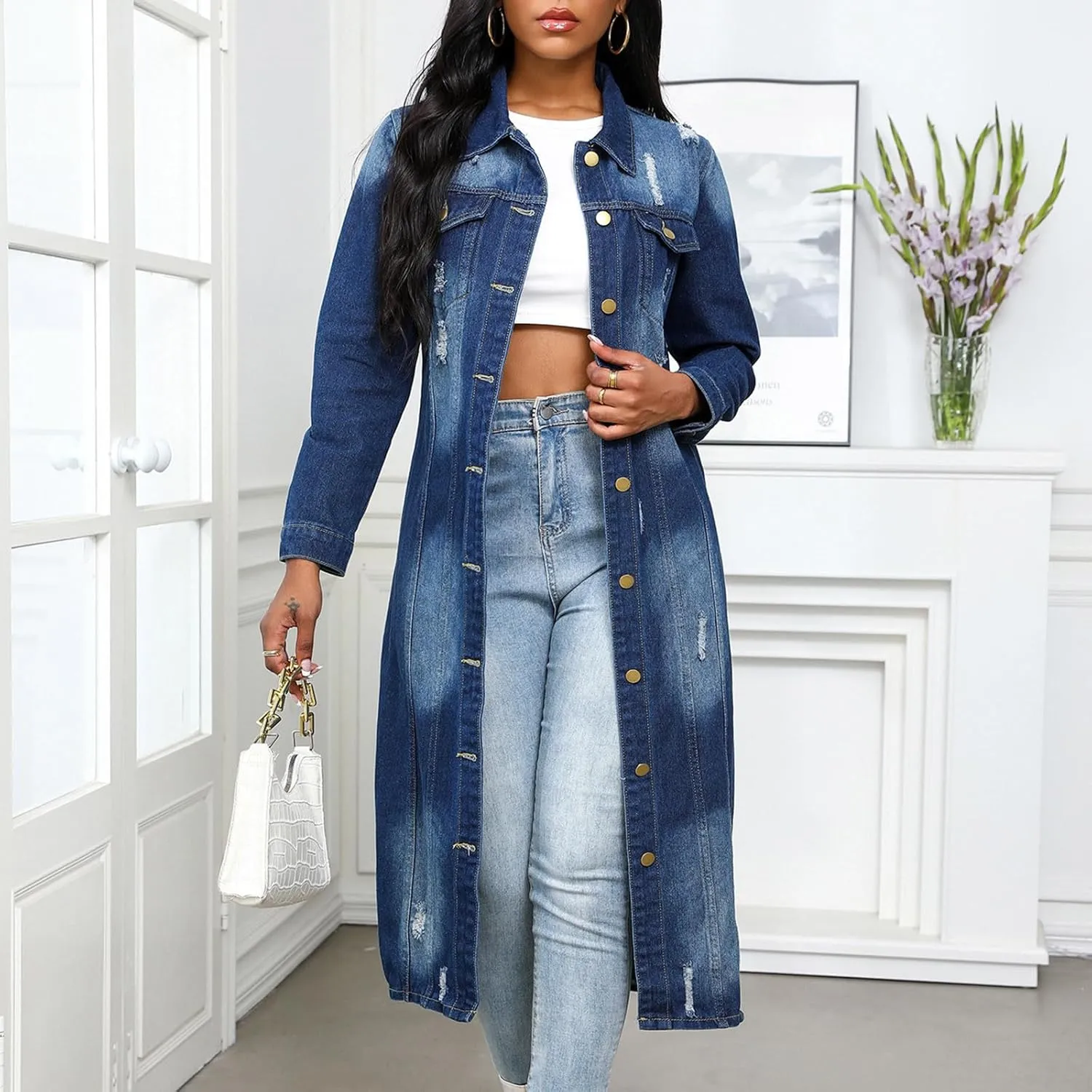 Women's Denim Trench Coat 2024 Fall Winter Fashion Long Casual Maxi Oversized Button Down Jean Jacket Trenchcoat