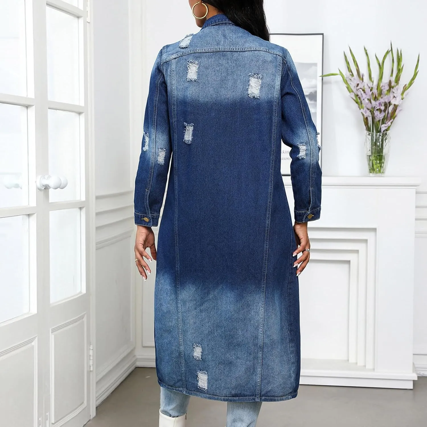 Women's Denim Trench Coat 2024 Fall Winter Fashion Long Casual Maxi Oversized Button Down Jean Jacket Trenchcoat