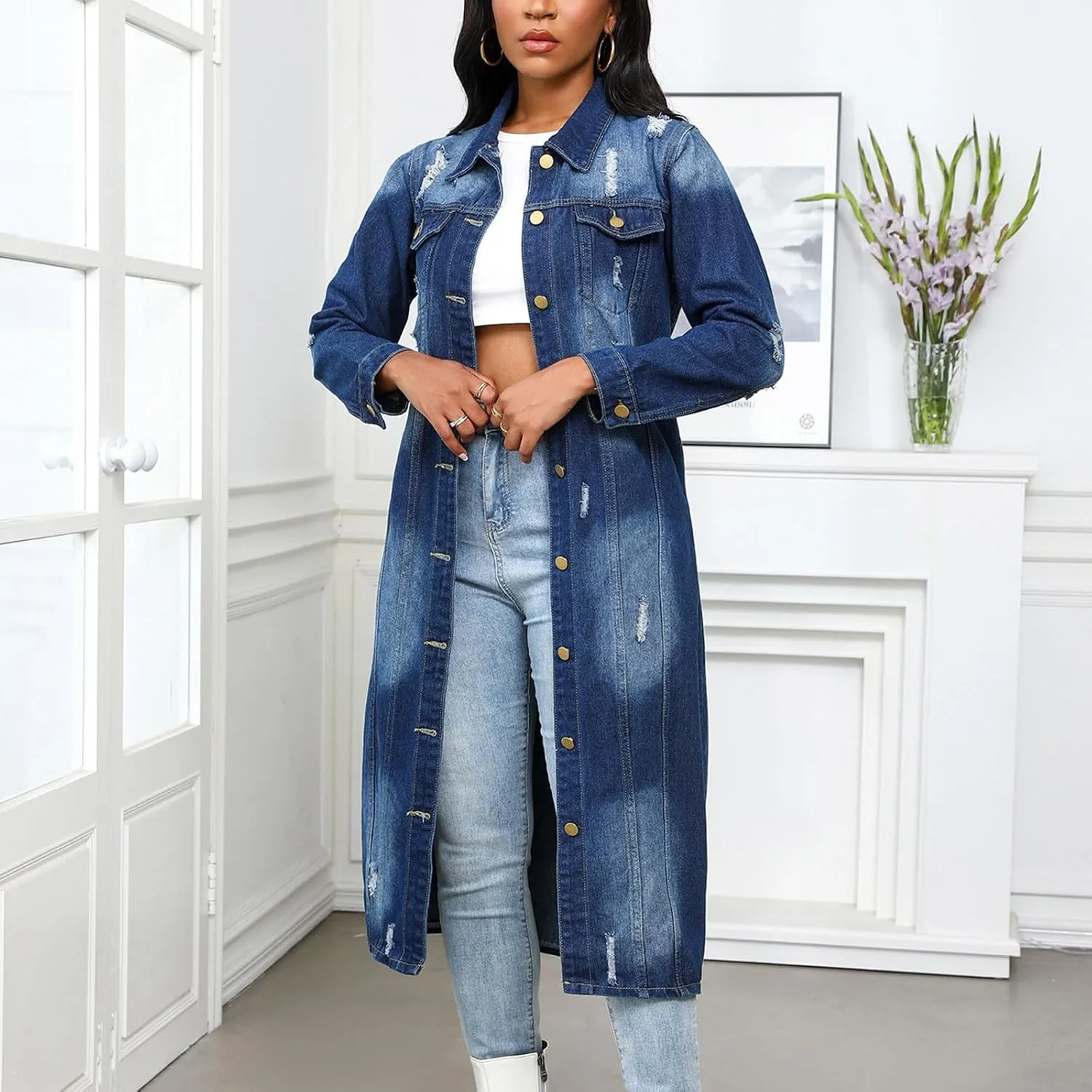 Women's Denim Trench Coat 2024 Fall Winter Fashion Long Casual Maxi Oversized Button Down Jean Jacket Trenchcoat
