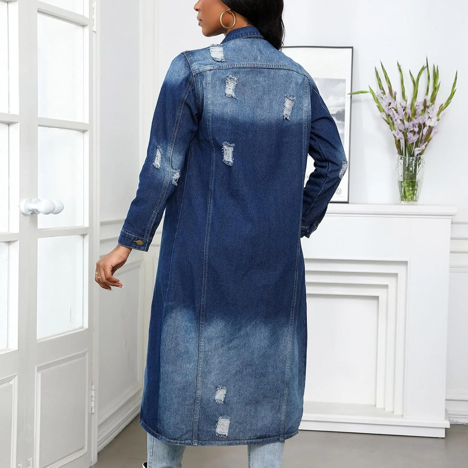 Women's Denim Trench Coat 2024 Fall Winter Fashion Long Casual Maxi Oversized Button Down Jean Jacket Trenchcoat