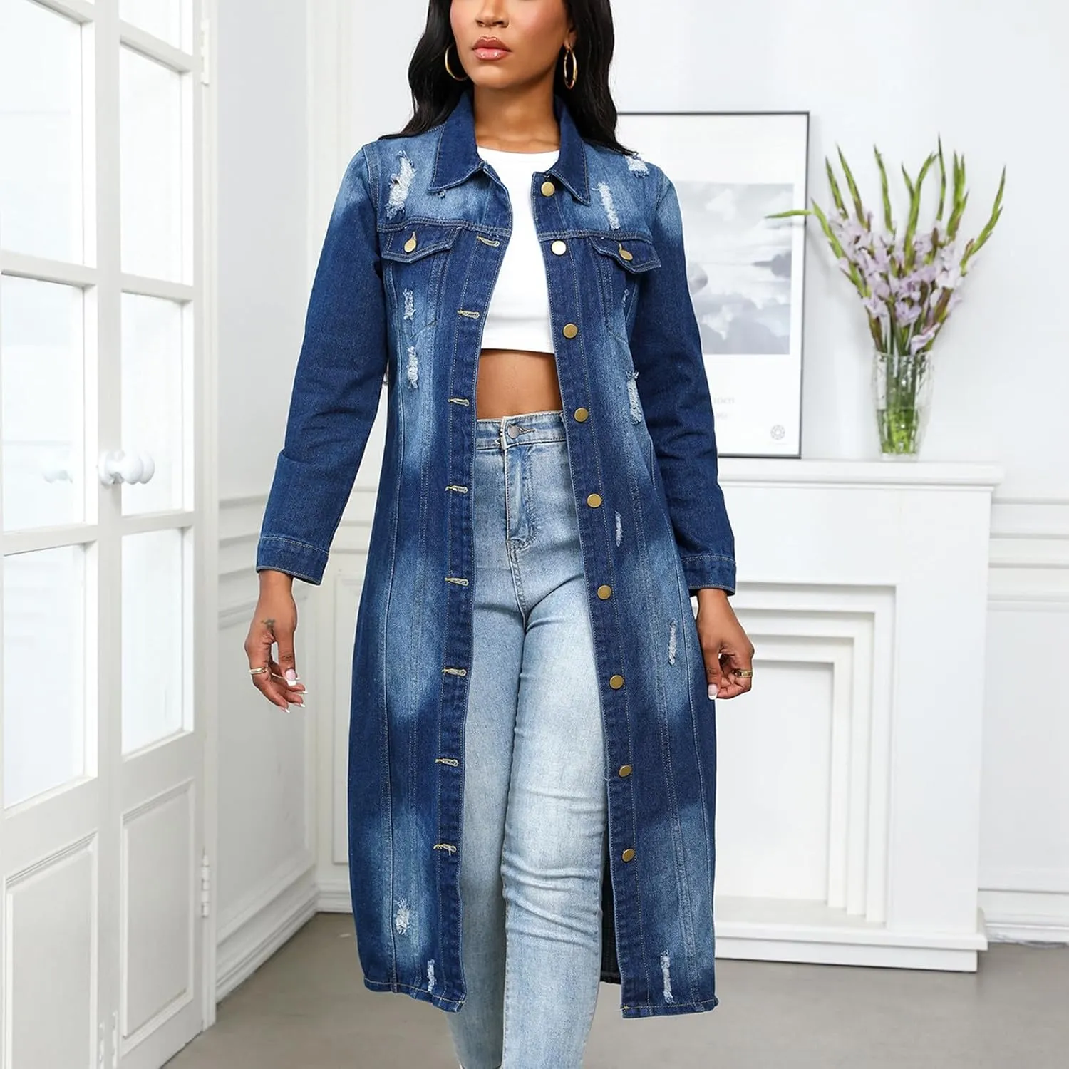 Women's Denim Trench Coat 2024 Fall Winter Fashion Long Casual Maxi Oversized Button Down Jean Jacket Trenchcoat