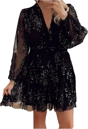 Women's Formal Dresses 2024 Summer Trendy Long Sleeve Lace Ruffle Layered Swing Short Mini Sundress with Pockets