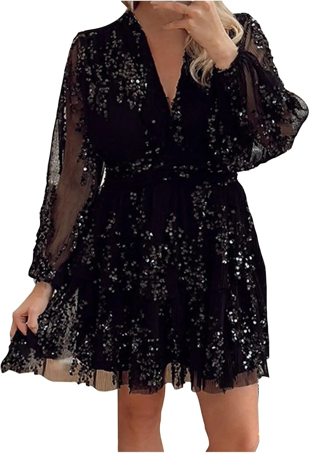 Women's Formal Dresses 2024 Summer Trendy Long Sleeve Lace Ruffle Layered Swing Short Mini Sundress with Pockets