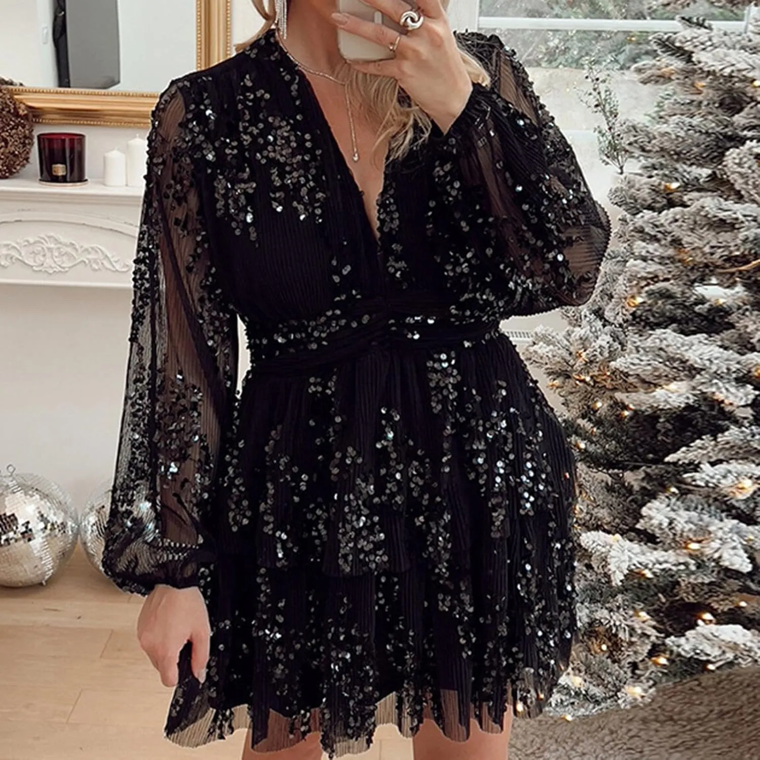 Women's Formal Dresses 2024 Summer Trendy Long Sleeve Lace Ruffle Layered Swing Short Mini Sundress with Pockets